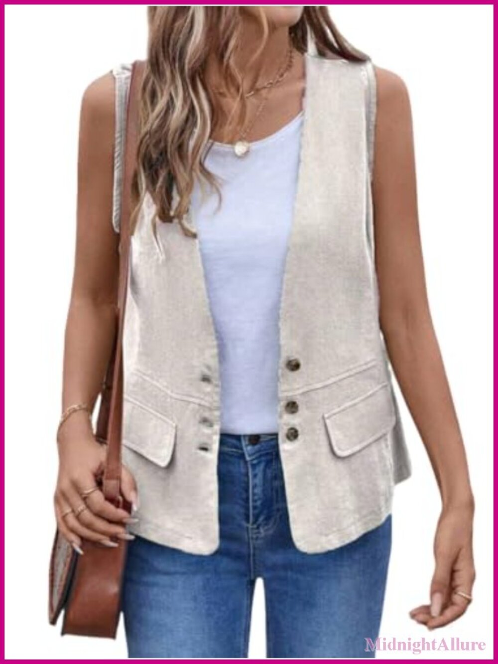 Womens Cotton Linen Vest Casual Lightweight Button Down Sleeveless Jacket